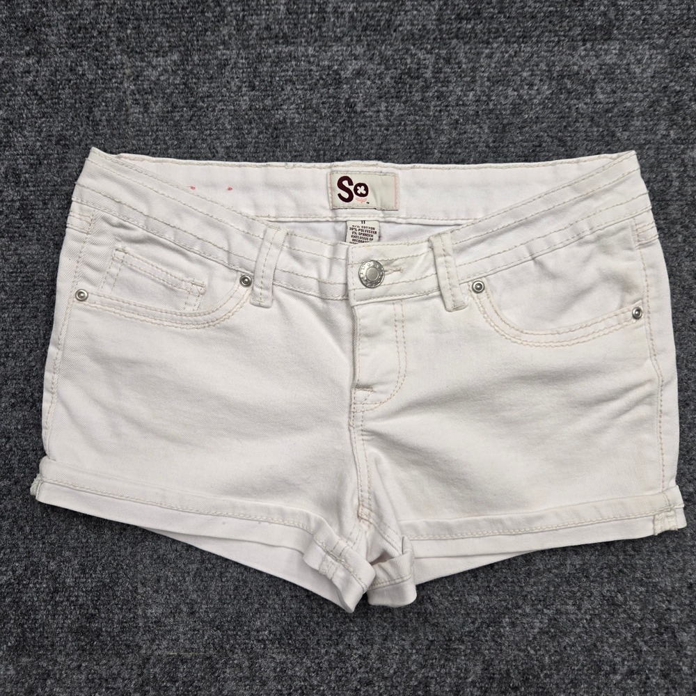 SO White Denim Cuffed Jean Shorts Womens Size 11 32W Low Rise Stretch Summer